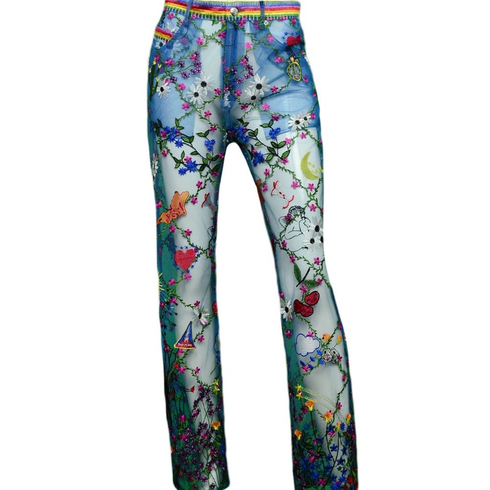 x Adam Selman Blue Sheer Embroidered Pants sz6